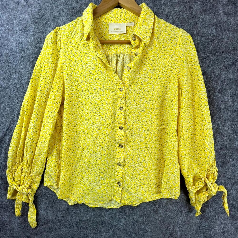 Maeve Anthropologie Shirt Womens 16 Yellow All Over Print Button Front Tie Wrist